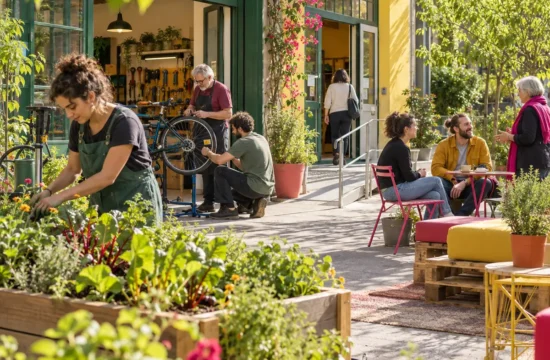 Cortile di un community hub con giardino, laboratorio di biciclette e spazi accessibili