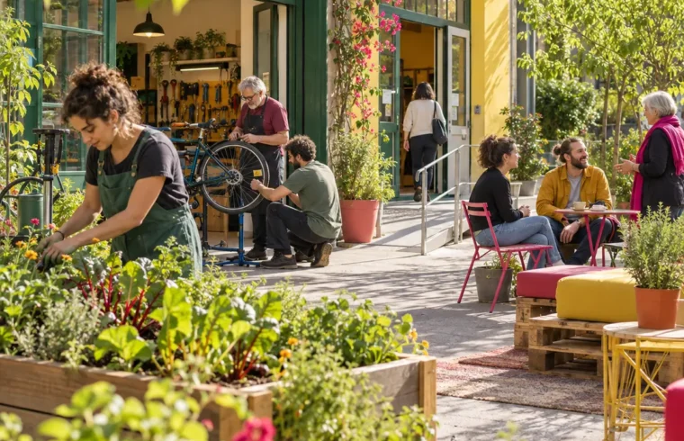 Cortile di un community hub con giardino, laboratorio di biciclette e spazi accessibili