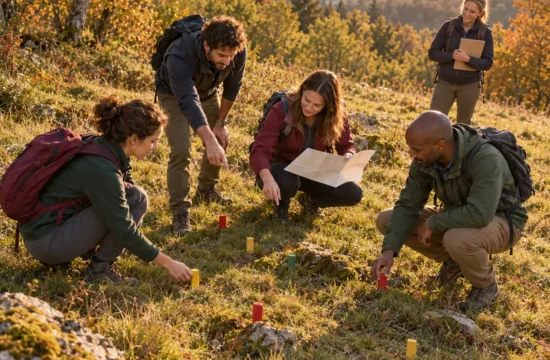 Gruppo impegnato in un’attività di outdoor management training in un ambiente naturale