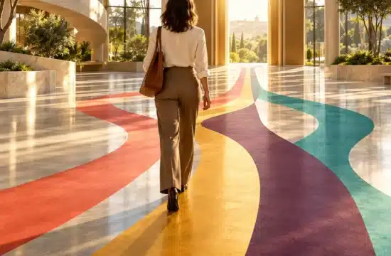 multipotenzialità nel lavoro. Professionista segue percorsi colorati che convergono verso una direzione