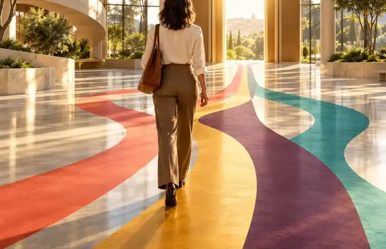 multipotenzialità nel lavoro. Professionista segue percorsi colorati che convergono verso una direzione