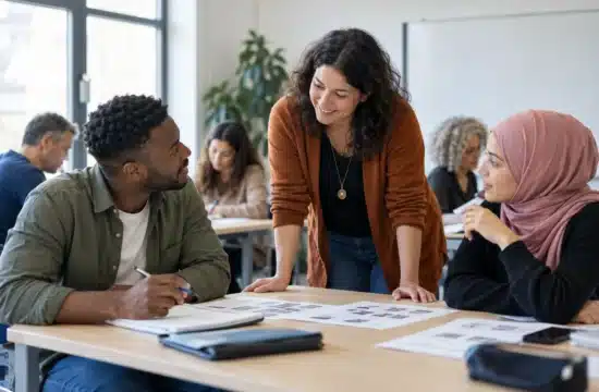 Una formatrice accoglie partecipanti adulti all’inizio di una lezione e presenta i materiali di lavoro
