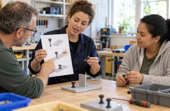 Una formatrice mostra una scheda illustrata e il primo passaggio di una prova pratica a due adulti in laboratorio