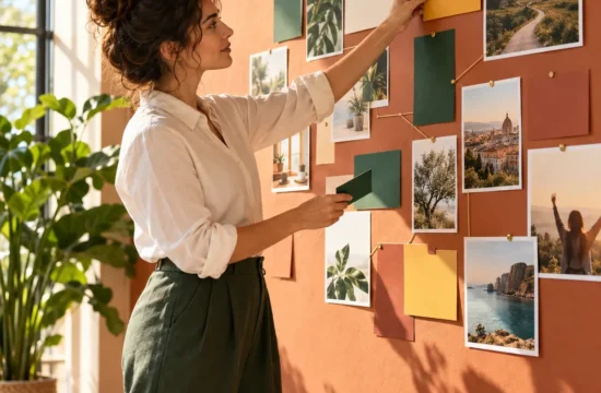 Professionista organizza schede visive per elaborare e gestire un progetto