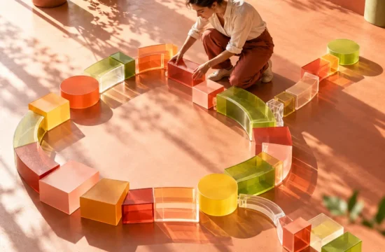 Organizzazione che apprende. Professionista dispone moduli colorati in un percorso aperto, metafora dell’apprendimento organizzativo.