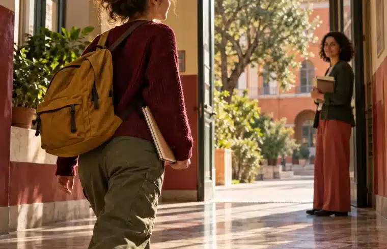 Dispersione scolastica. Studentessa entra a scuola mentre un’insegnante la accoglie nel corridoio