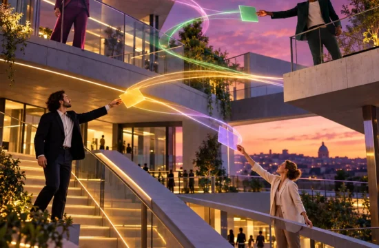 Comunicazione nei progetti europei. Quattro professionisti rappresentano la comunicazione nei progetti europei attraverso collegamenti luminosi.