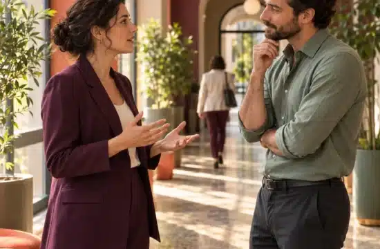 Due colleghi praticano la comunicazione assertiva al lavoro durante un confronto professionale