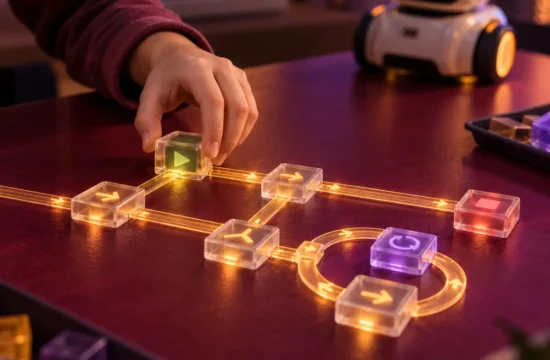 Studente compone una sequenza di istruzioni con blocchi luminosi per un’attività di coding a scuola.