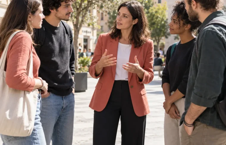 Giovani adulti e orientatrice conversano in uno spazio urbano. Neet in Italia