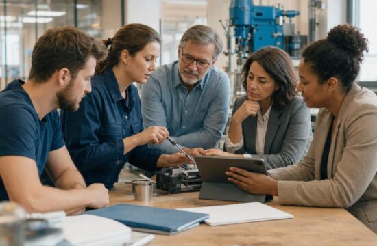 Ecosistemi territoriali delle competenze SPARKs Rappresentanti della formazione, delle imprese e delle istituzioni collaborano in un laboratorio professionale.