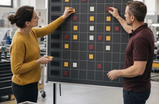 matrice delle competenze aziendali. Due professionisti organizzano una griglia di competenze con tessere colorate.
