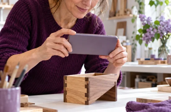 Portfolio delle competenze. Un’artigiana fotografa un manufatto in legno per documentare il proprio lavoro.