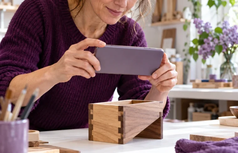 Portfolio delle competenze. Un’artigiana fotografa un manufatto in legno per documentare il proprio lavoro.
