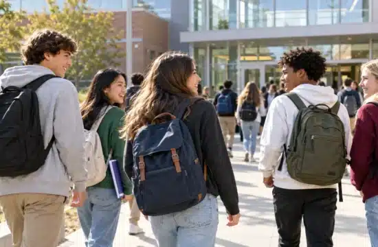Studenti con gli zaini davanti a una scuola: il quarto anno all’estero come esperienza di studio e autonomia.