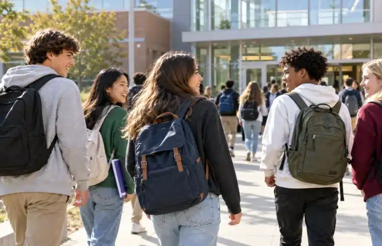 Studenti con gli zaini davanti a una scuola: il quarto anno all’estero come esperienza di studio e autonomia.