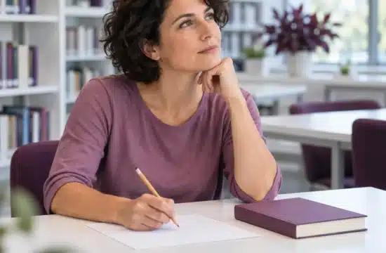 Retrieval practice nella formazione. Partecipante riflette davanti a un foglio, con il libro chiuso accanto.