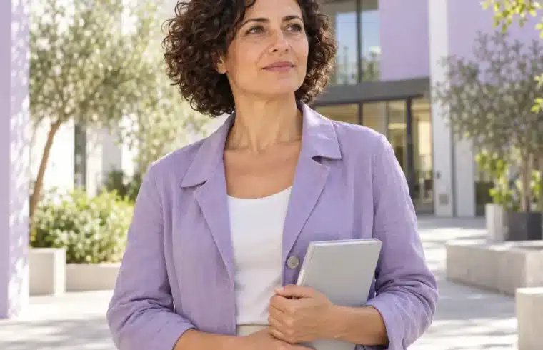 Career adaptability. Una donna con un quaderno nel cortile di un edificio formativo.