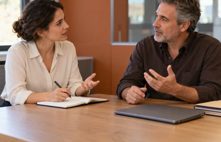 Una donna prende appunti durante un colloquio informativo con un professionista.
