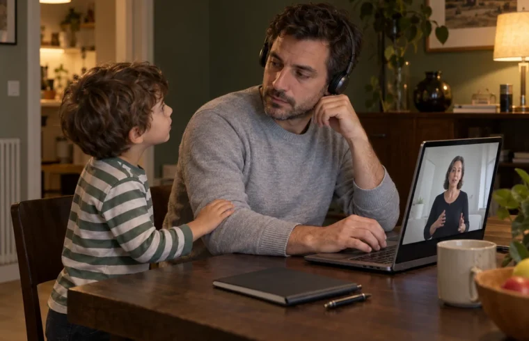 Ostacoli formazione adulti. Un padre interrompe una lezione online per ascoltare il figlio accanto a lui.
