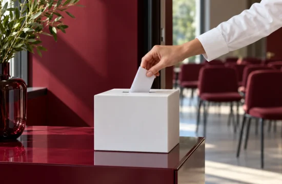 Questionario gradimento corsi. Una mano inserisce una scheda ripiegata nella cassetta di raccolta a fine corso.