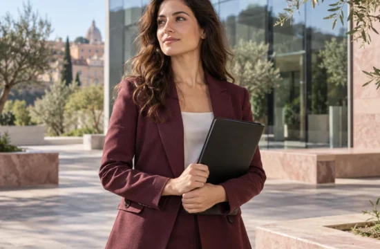Sovraistruzione in Italia. Una giovane professionista con una cartella davanti a un edificio per uffici.